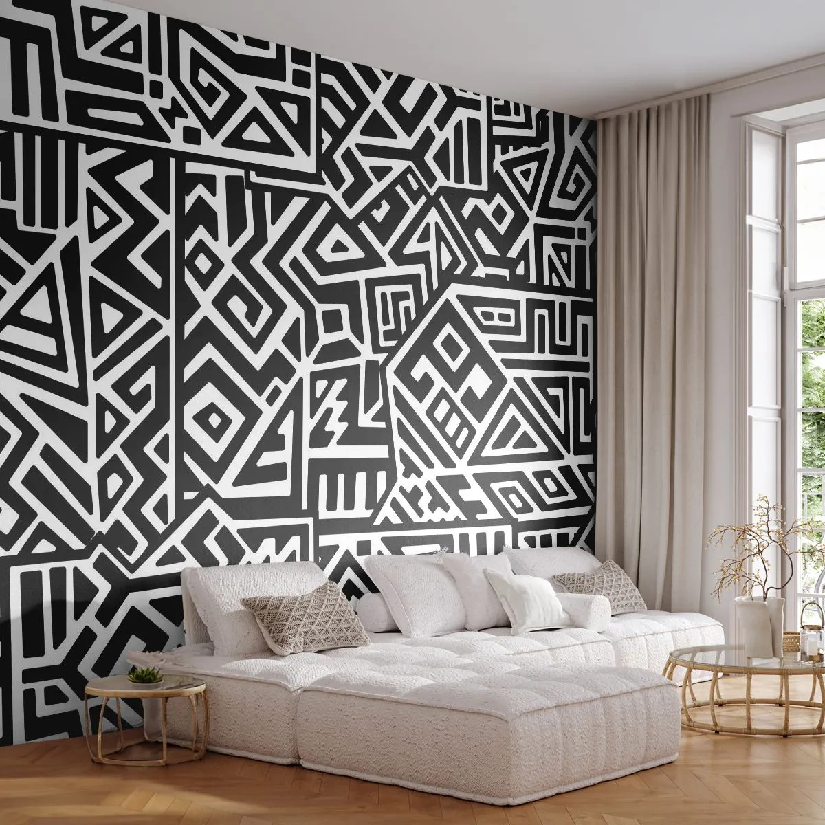 Self-Adhesive Photo Wallpaper Deluxe Sticker - Precolumbian Composition - Abstraction, Piece, Black and white - 250x175 cm