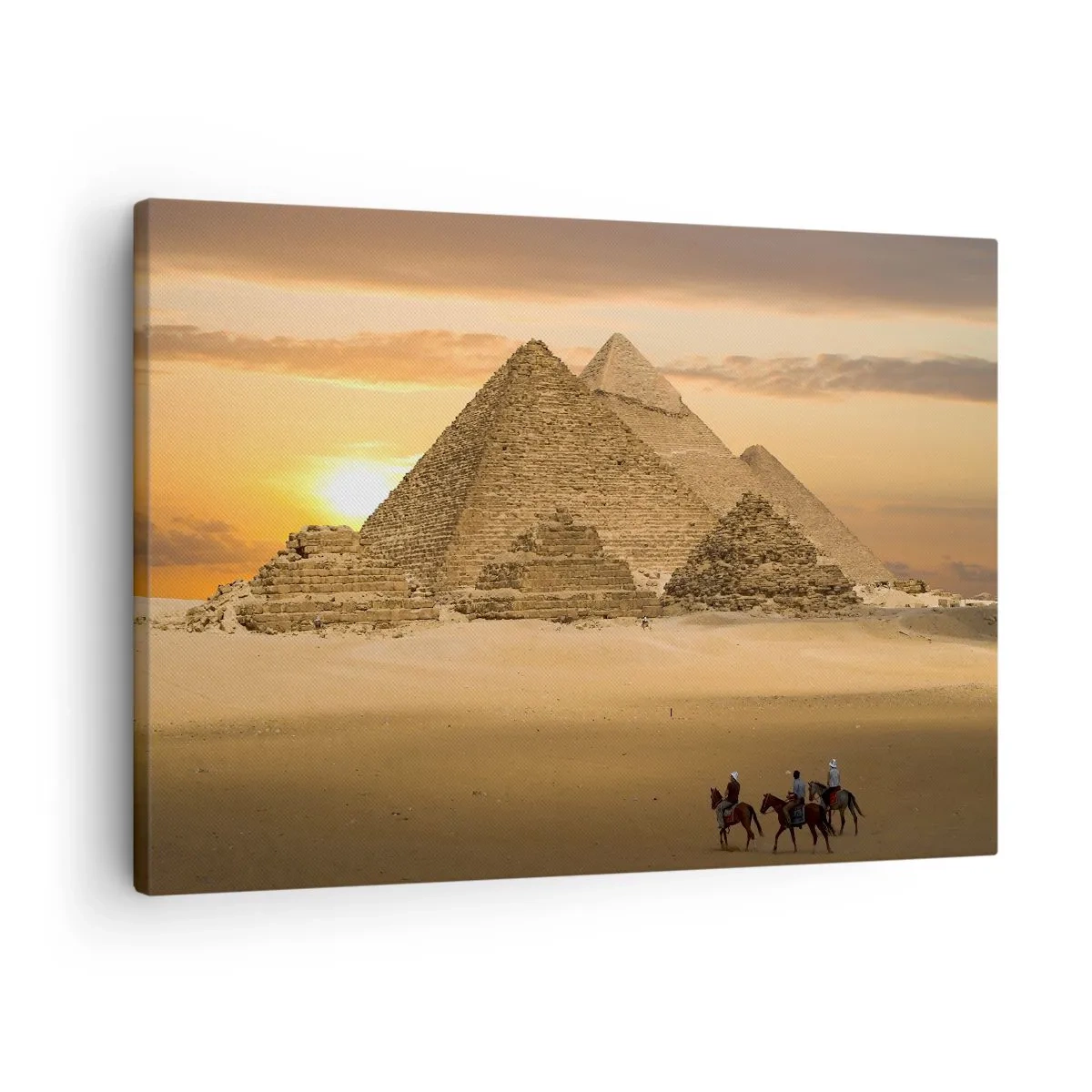 Canvas picture - Pyramids in Egypt at sunset with riders on horses - 70x50cm - For Thousand Years Unchanged - Modern wall decoration for the living room and bedroom ARTTOR