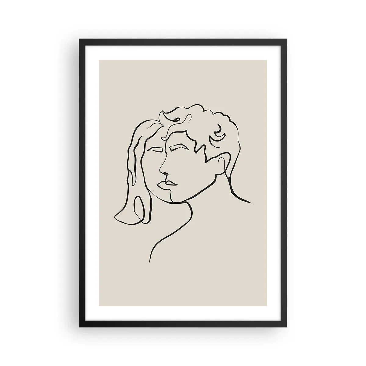Poster in black frame - A minimalist sketch of a couple's faces on a beige background. - 50x70cm - And It Became One - Modern wall decoration for the living room and bedroom ARTTOR