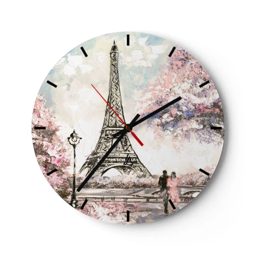 Wall clock - Clock on glass - The Eiffel Tower surrounded by flowering trees - 30x30cm - April Walk in Paris - Modern wall decoration for the living room, kitchen, and bedroom ARTTOR