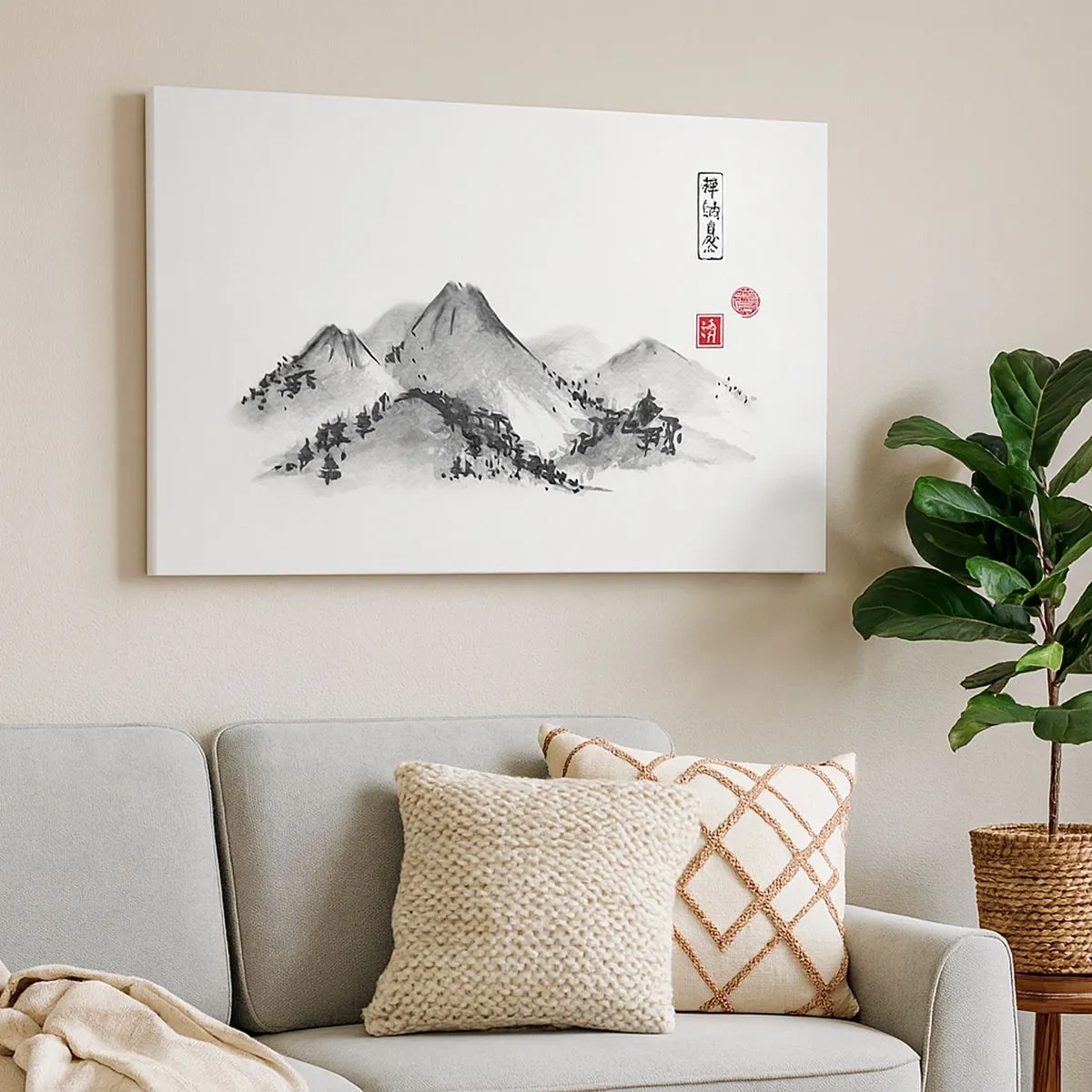 Canvas picture - Traditional mountain landscape in the style of Japanese ink painting - 70x50cm - Further and Further - Modern wall decoration for the living room and bedroom ARTTOR
