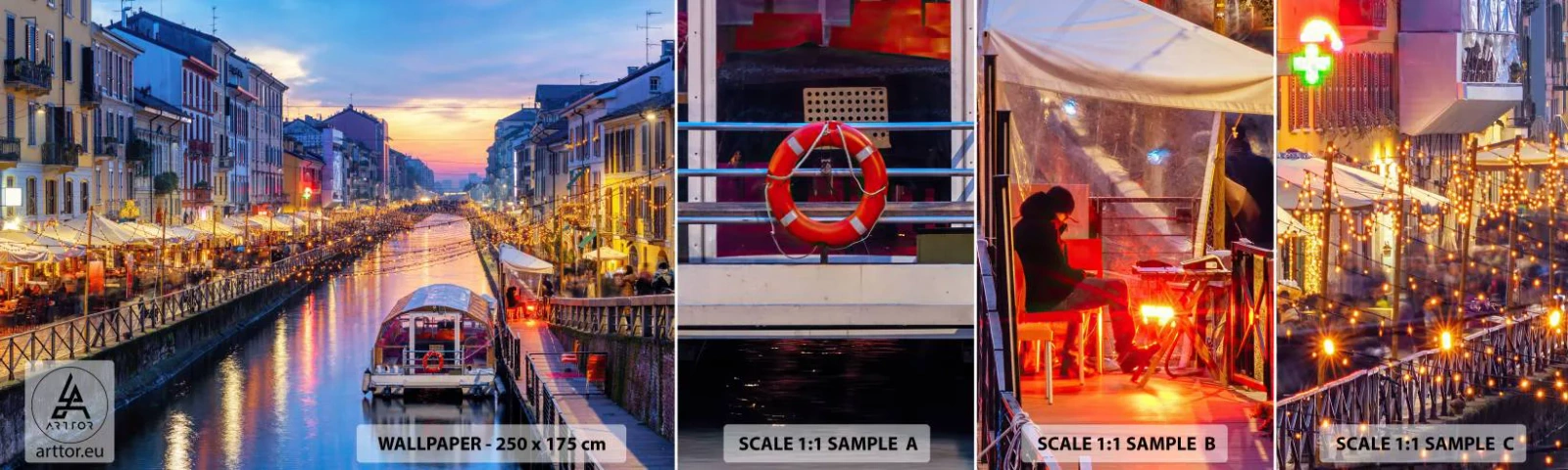Photo Wallpaper Sample Self-Adhesive Deluxe Sticker - Evening of Light and Fun - City, Milan, Italy - 100x30 cm