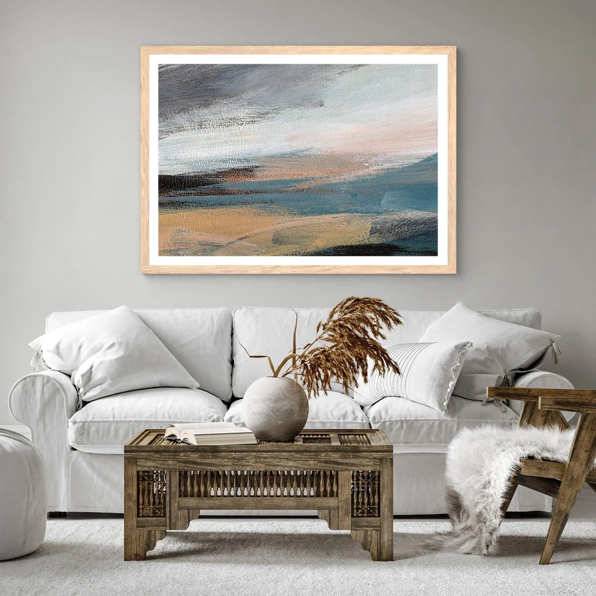 Poster in light oak frame - Abstract: Northern Landscsape - 100x70 cm