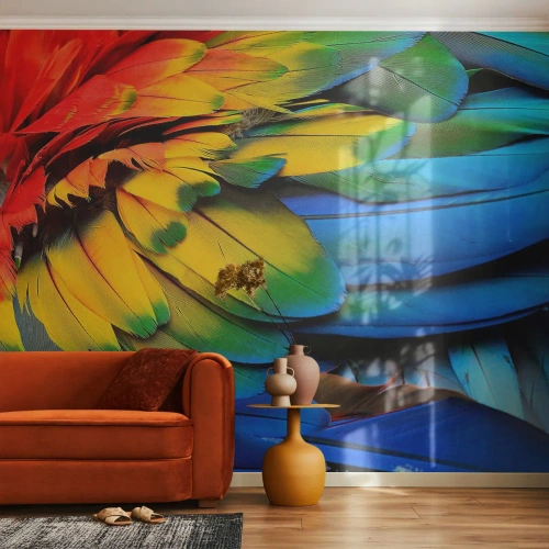 Photo Wallpaper Premium Sand - Bird Of Paradise - Colorful feathers, Parrot feathers, Animals - 100x70 cm