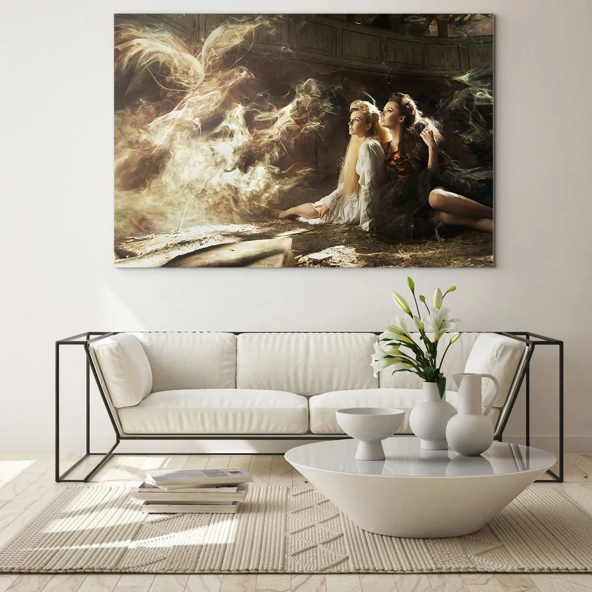 Glass picture - Two women with a fiery phoenix in a magical setting - 70x50cm - And There Was Poetry - Modern wall decoration for the living room and bedroom ARTTOR
