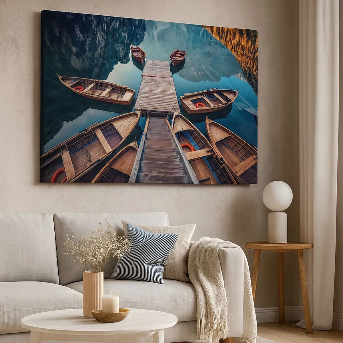 Canvas picture - Wooden boats at a pier on a mountain lake - 70x50cm - Waiting at the Harbour - Modern wall decoration for the living room and bedroom ARTTOR