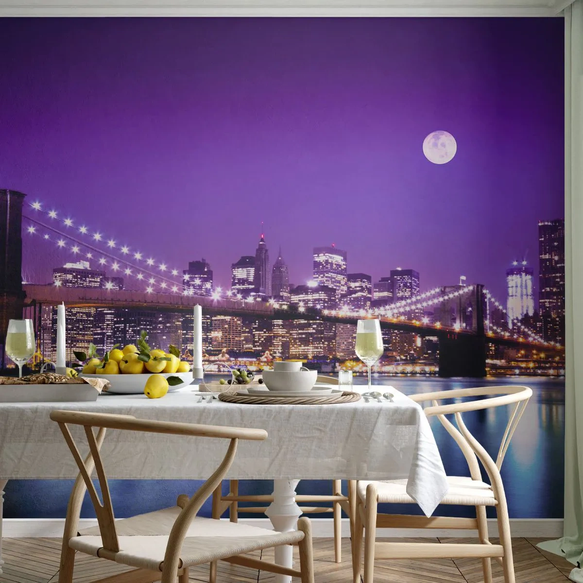 Photo Wallpaper Premium Sand - Big City Lights in Violet - City, New York, Brooklyn Bridge - 400x280 cm