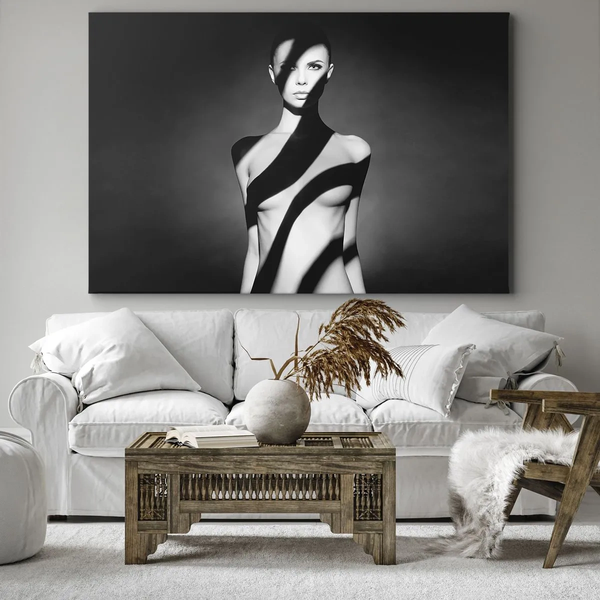 Canvas picture - Black and white portrait of a woman in light and shadow - 70x50cm - In the Light and in the Shadow - Modern wall decoration for the living room and bedroom ARTTOR