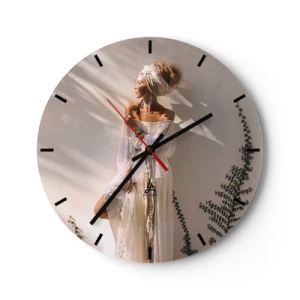 Wall clock - Clock on glass - A woman in a boho style standing in the sun - 30x30cm - Sun and Girl - Modern wall decoration for the living room, kitchen, and bedroom ARTTOR