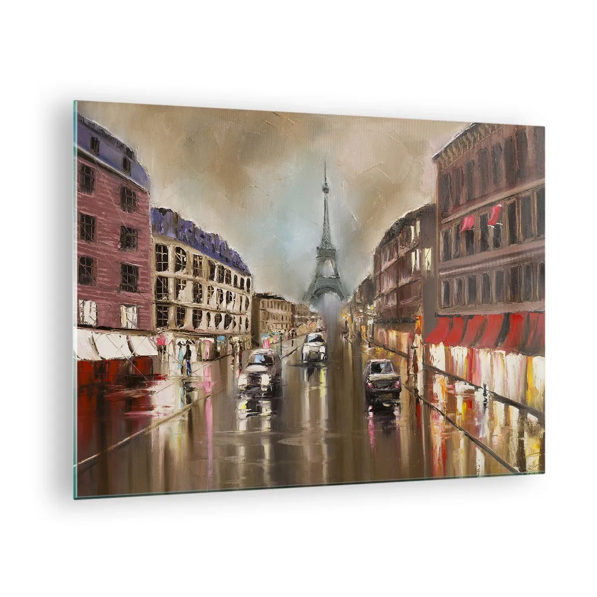 Glass picture - Evening street of Paris with a view of the Eiffel Tower - 70x50cm - Only She Counts - Modern wall decoration for the living room and bedroom ARTTOR