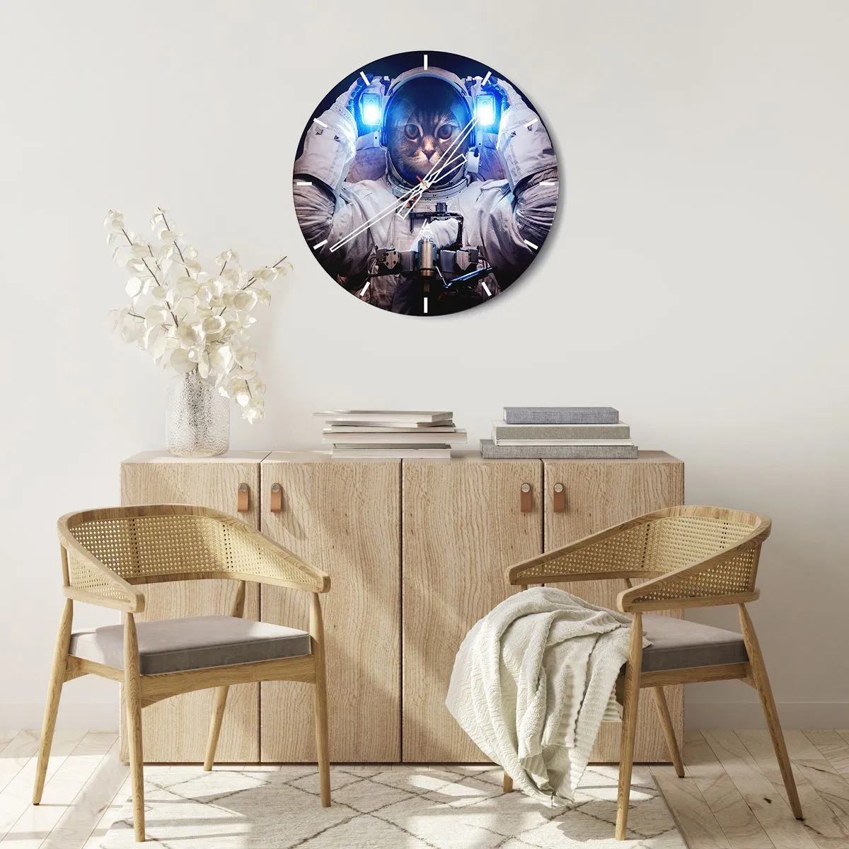 Wall clock - Clock on glass - A cat in an astronaut suit with a blue light in the background. - 30x30cm - Houston, You've Got a Problem - Modern wall decoration for the living room, kitchen, and bedroom ARTTOR