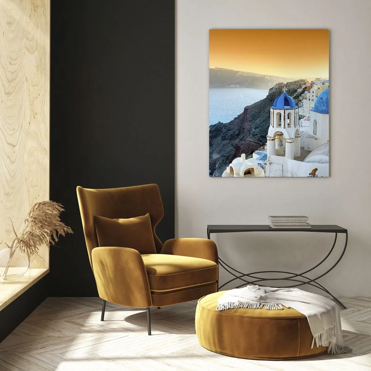 Glass picture - Santorini - Snuggling up to the Rocks - 70x100 cm