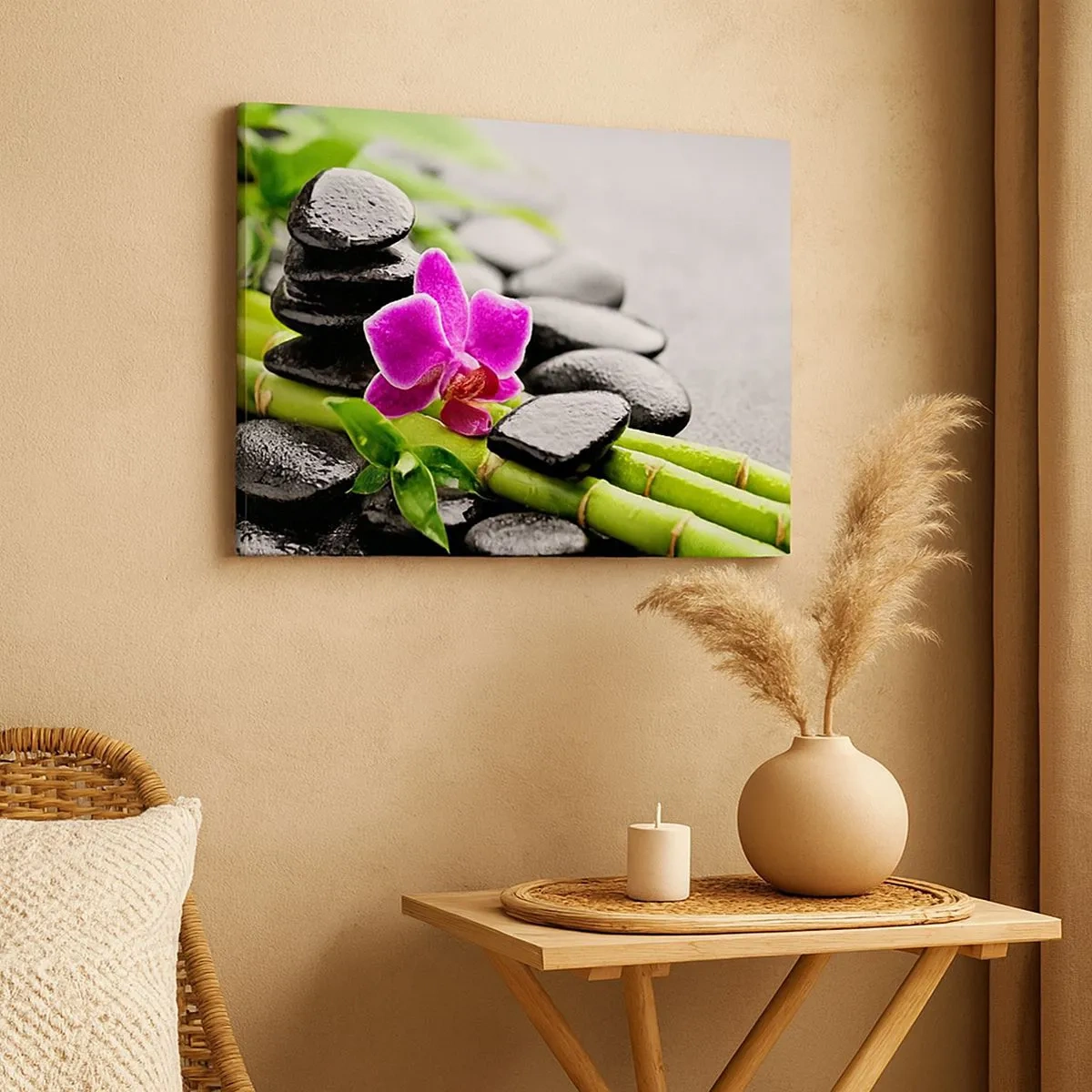 Canvas picture - Purple orchid, black stones, and bamboo in a tranquil composition - 70x50cm - In a Peaceful Balance - Modern wall decoration for the living room and bedroom ARTTOR