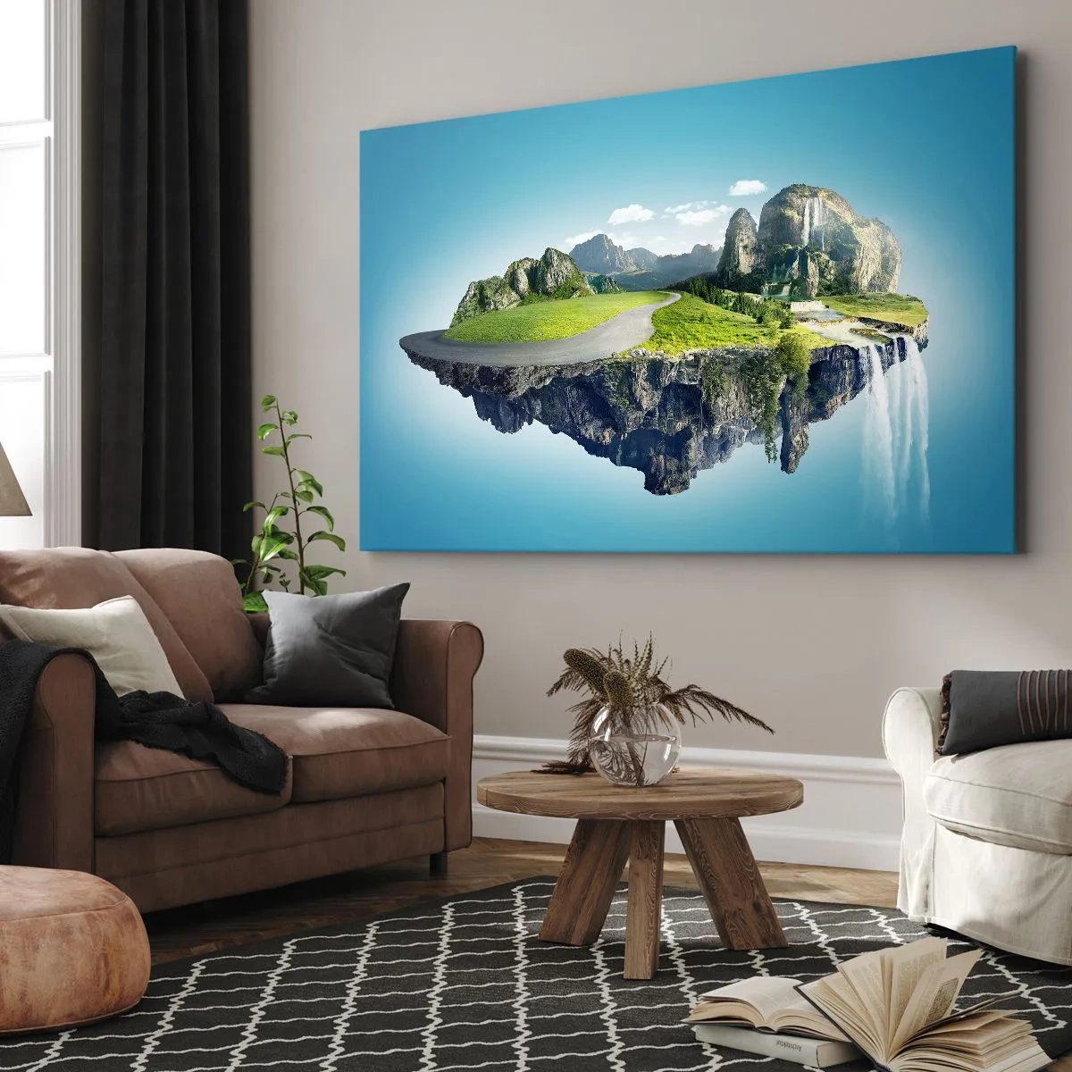 Canvas picture - A floating island with mountains and waterfalls - 70x50cm - Fantastic Island - Modern wall decoration for the living room and bedroom ARTTOR