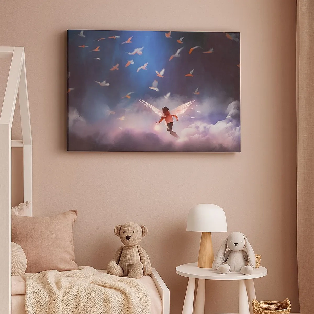 Canvas picture - A figure with angel wings floating among birds in the sky - 70x50cm - You Need to Have Imagination and Courage - Modern wall decoration for the living room and bedroom ARTTOR