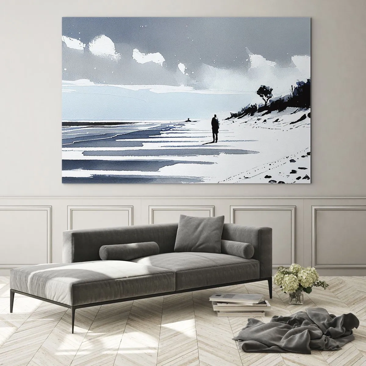 Glass picture - Silhouette of a lonely person walking on an empty beach - 70x50cm - All Alone - Modern wall decoration for the living room and bedroom ARTTOR