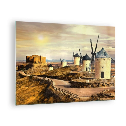 Glass picture - Windmills and a castle in the landscape at sunset - 70x50cm - Don Quixote Is Coming - Modern wall decoration for the living room and bedroom ARTTOR