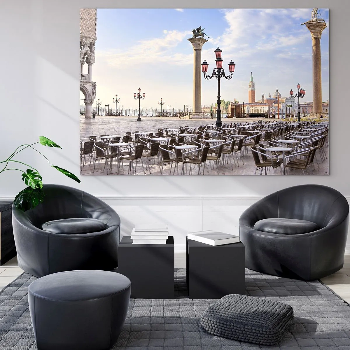 Glass picture - A square with columns and rows of chairs in Venice - 70x50cm - Everything Is Ready - Modern wall decoration for the living room and bedroom ARTTOR