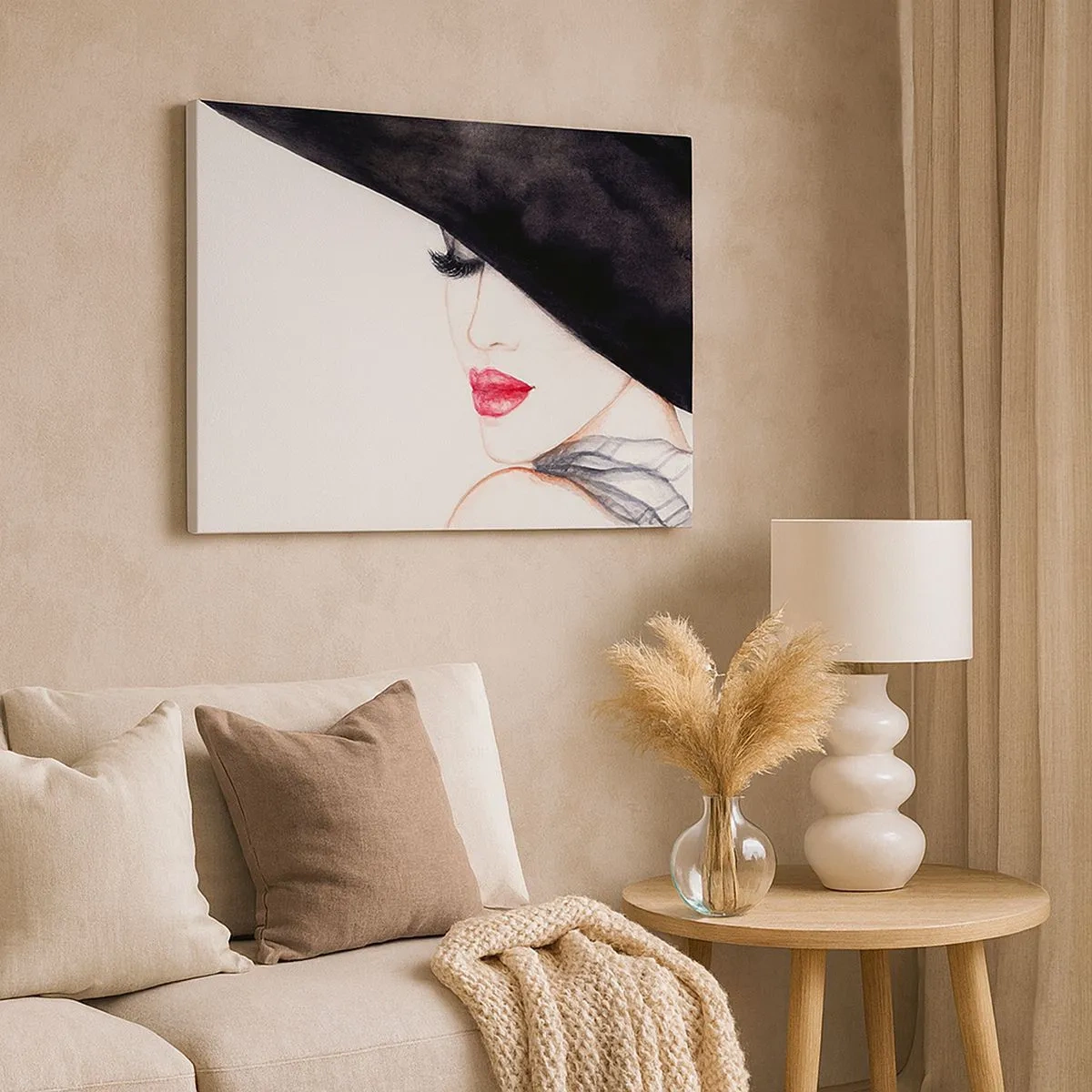 Canvas picture - A subtle illustration of a woman in a black hat with red lips - 70x50cm - Elegance and Sensuality - Modern wall decoration for the living room and bedroom ARTTOR