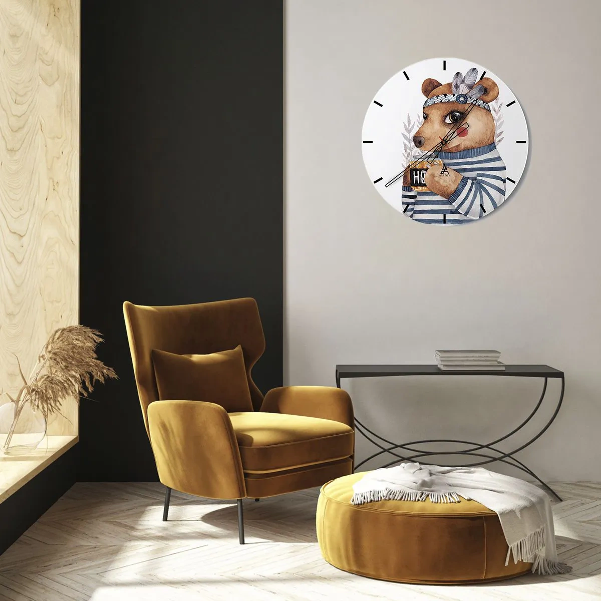 Wall clock - Clock on glass - A teddy bear in a striped T-shirt with a cup of tea - 30x30cm - Sweet Lady Bear - Modern wall decoration for the living room, kitchen, and bedroom ARTTOR