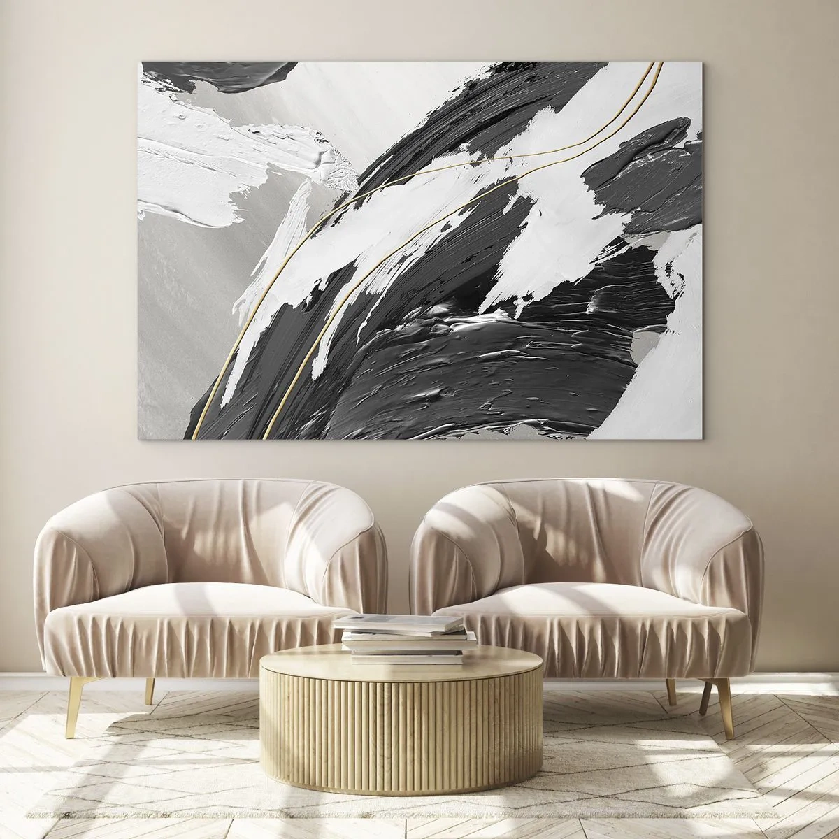 Glass picture - Dynamic strokes of black and white with a gold accent - 70x50cm - Abstract with Flair - Modern wall decoration for the living room and bedroom ARTTOR