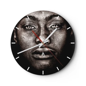 Wall clock - Clock on glass - A face in black and white with a symbolic tear - 30x30cm - One Tear - Modern wall decoration for the living room, kitchen, and bedroom ARTTOR