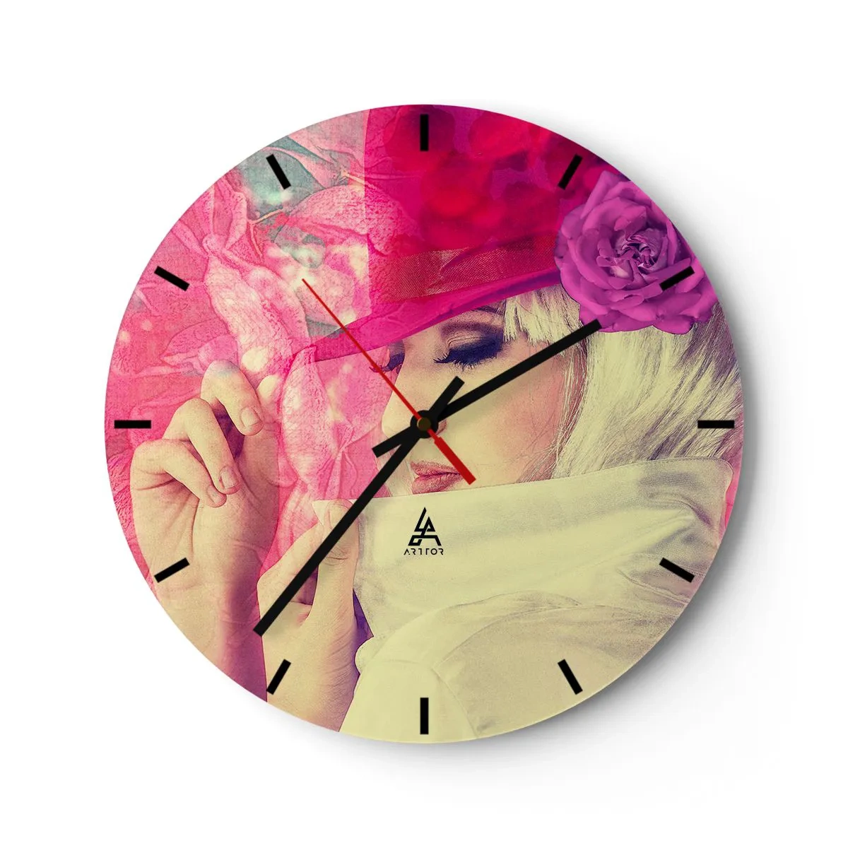 Wall clock - Clock on glass - Retro Portrait in Pink - 40x40 cm