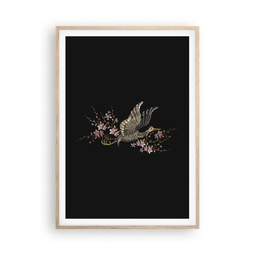 Poster in light oak frame - Exotic, Embroidered Bird - 70x100 cm