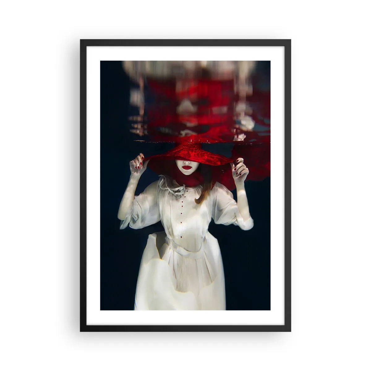 Poster in black frame - woman in a red hat is submerged underwater. - 50x70cm - Mysterious Woman - Modern wall decoration for the living room and bedroom ARTTOR