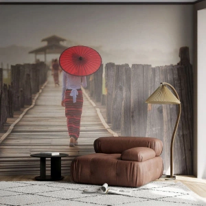 Photo Wallpaper Premium Sand - On an Old Bridge - Umbrella, Burma, Wooden Bridge - 100x70 cm