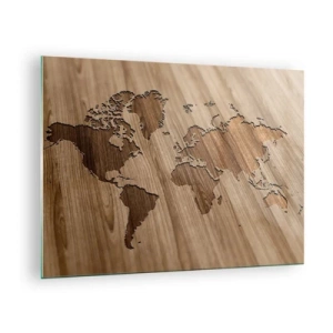 Glass picture - A map of the world cut into a wooden surface - 70x50cm - World on a Table - Modern wall decoration for the living room and bedroom ARTTOR