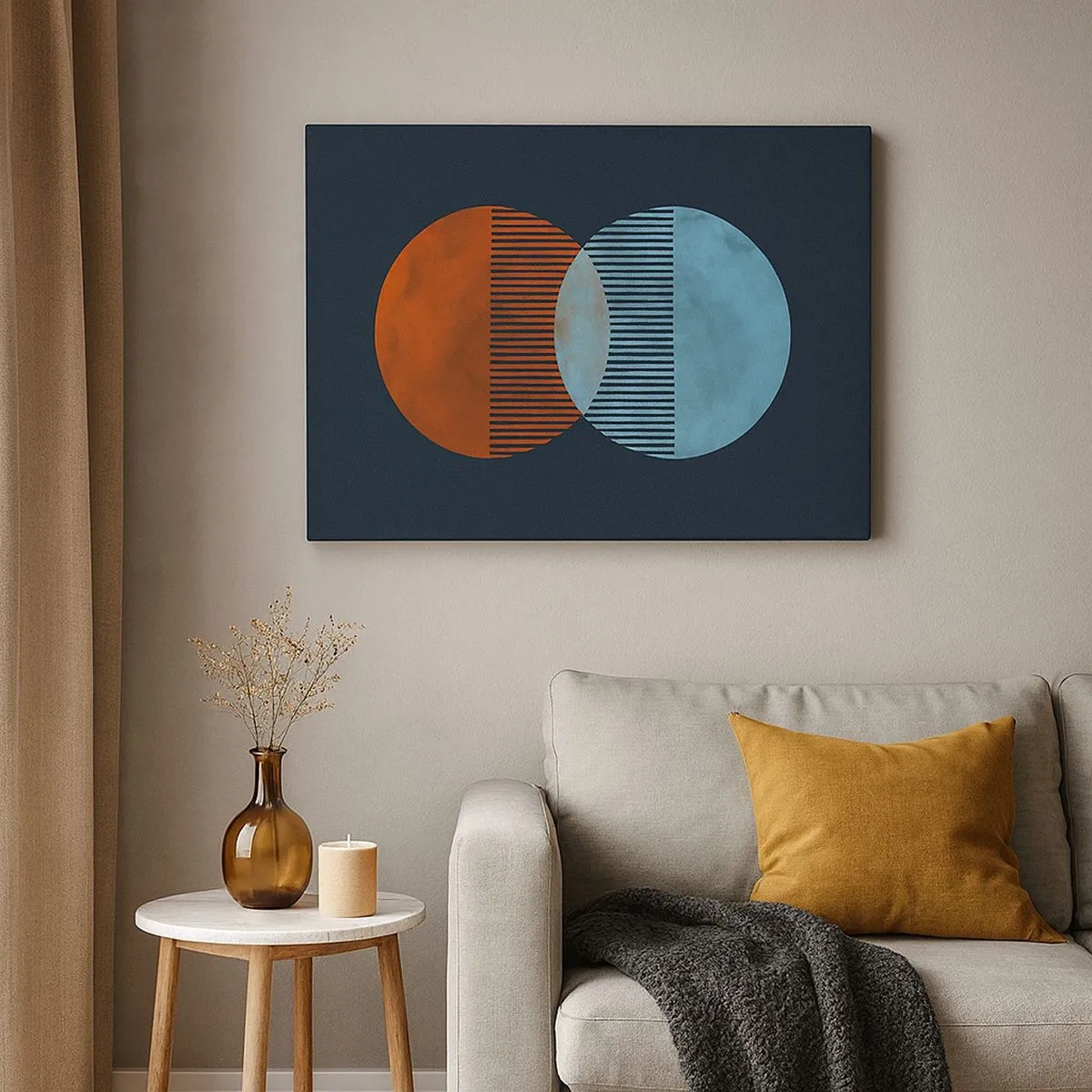 Canvas picture - Two orange and blue circles on a dark background - 70x50cm - Astronomical Fantasy - Modern wall decoration for the living room and bedroom ARTTOR