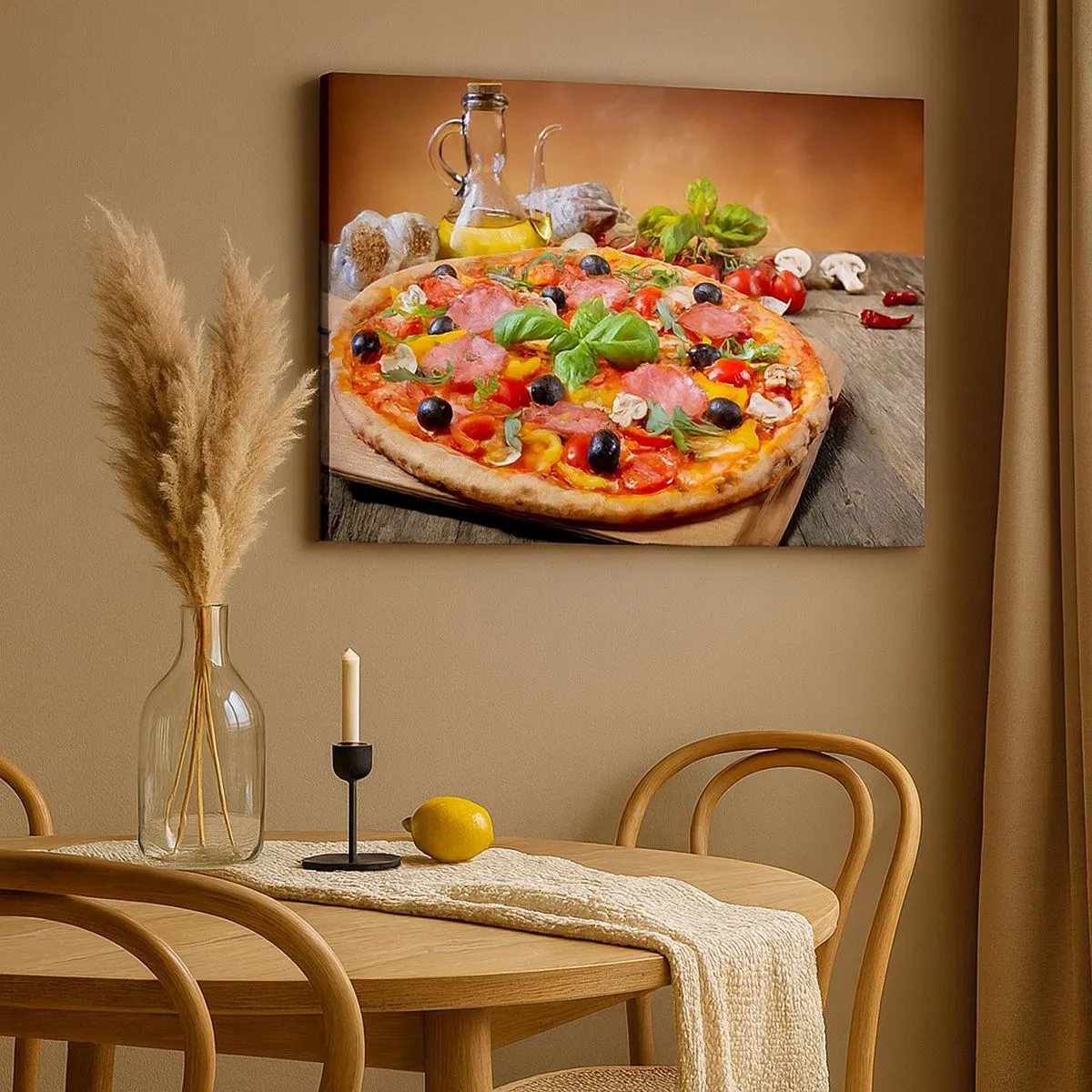 Canvas picture - Appetizing pizza on a wooden table with toppings - 70x50cm - With a Real Italian Flavouring - Modern wall decoration for the living room and bedroom ARTTOR
