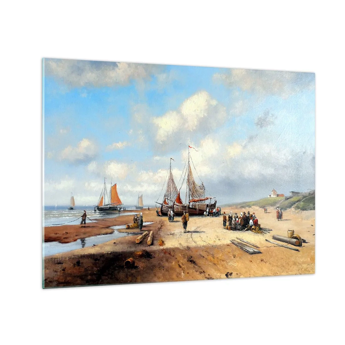 Glass picture - Beach scene with fishing boats and people fishing - 70x50cm - After a Successful Catch - Modern wall decoration for the living room and bedroom ARTTOR