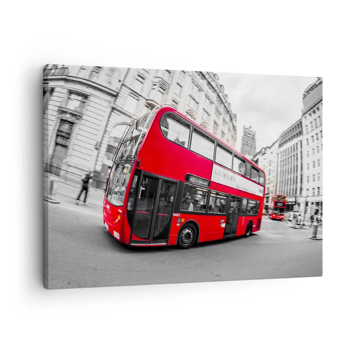 Canvas picture - A red London bus against a black and white street - 70x50cm - Traditional London -By Bus - Modern wall decoration for the living room and bedroom ARTTOR