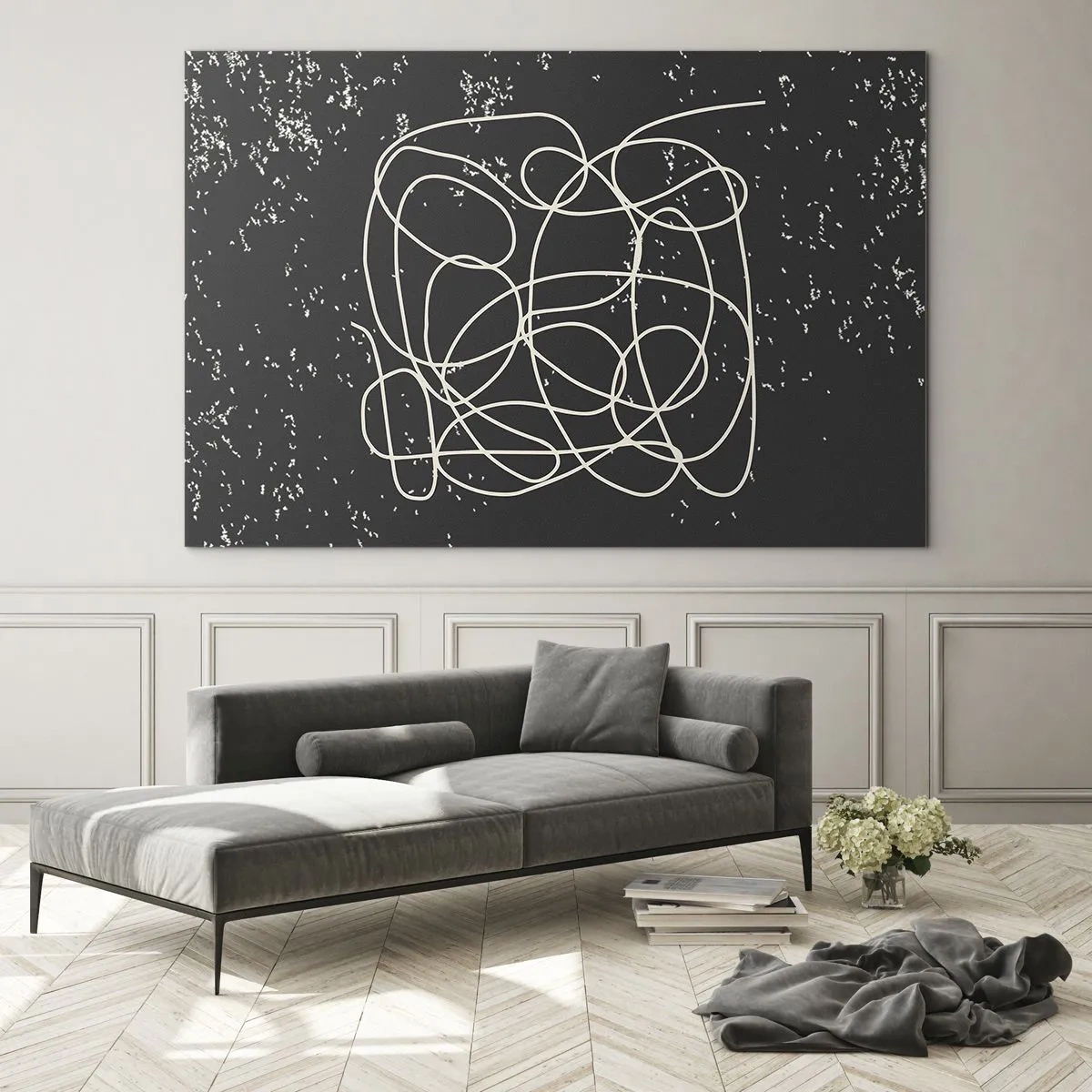 Glass picture - Abstract line in the form of a tangle on a textured black background - 70x50cm - Lost Thoughts - Modern wall decoration for the living room and bedroom ARTTOR