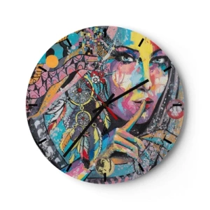 Wall clock - Clock on glass - Colorful face with feathers and a geometric pattern - 30x30cm - Don't Talk Until You Understand - Modern wall decoration for the living room, kitchen, and bedroom ARTTOR