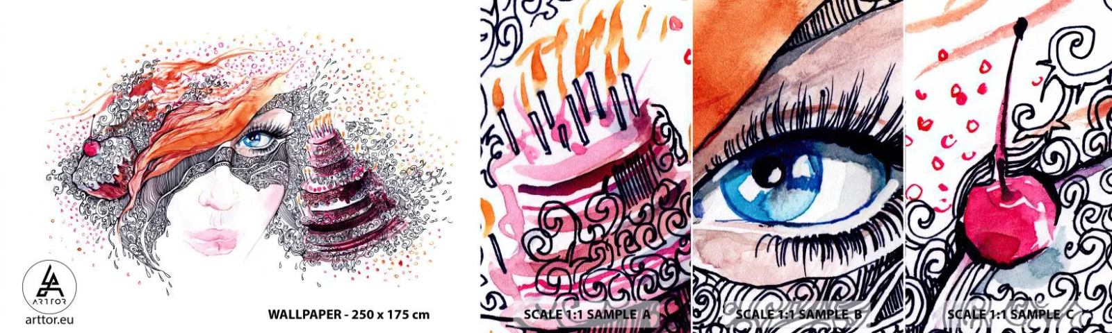 Photo Wallpaper Sample Self-Adhesive Deluxe Sticker - With Her everyday Is Holiday - Abstraction, Woman's Face, Cake - 100x30 cm