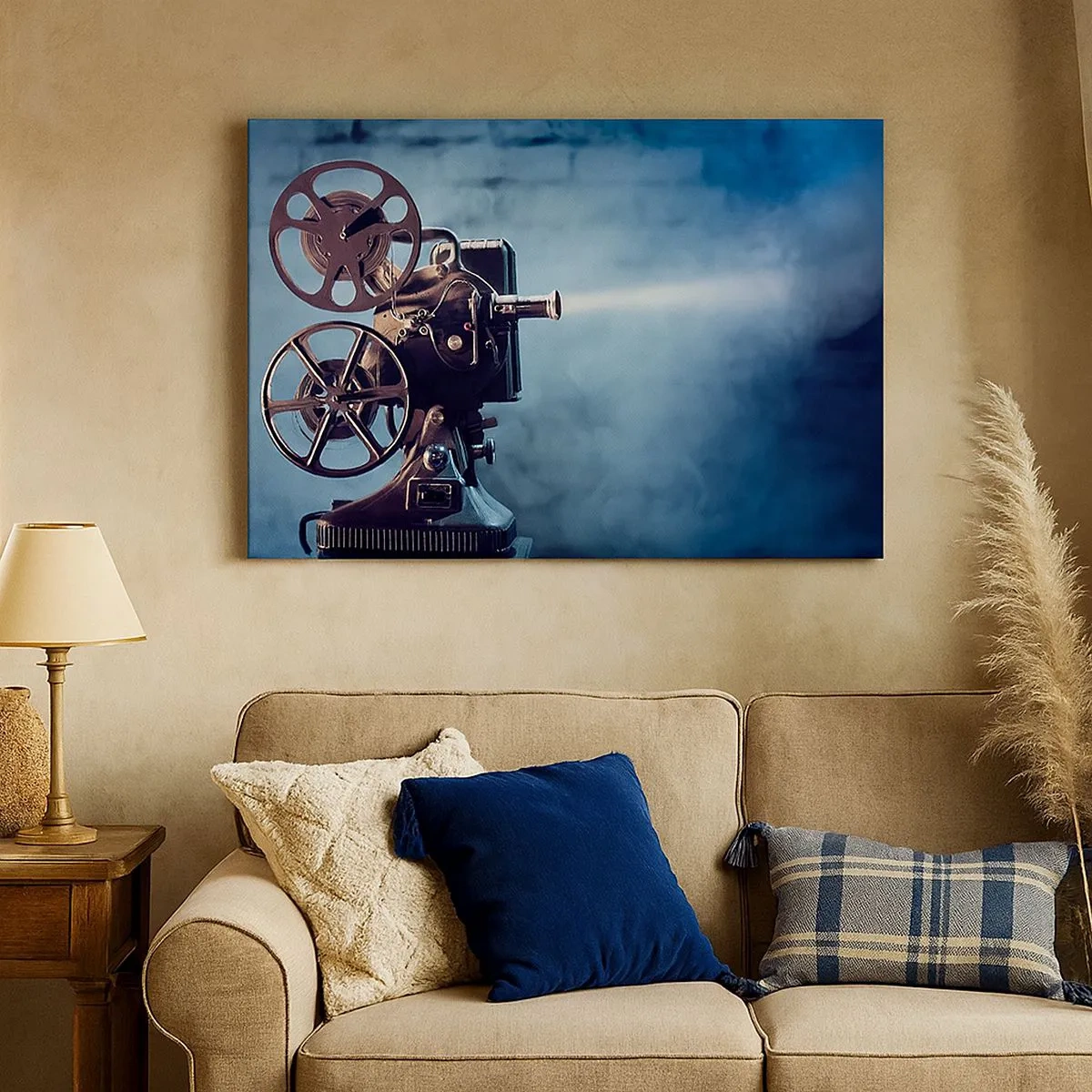 Canvas picture - An old film projector casting light against a blue backdrop - 70x50cm - Once Upon a Time at the Cinema - Modern wall decoration for the living room and bedroom ARTTOR