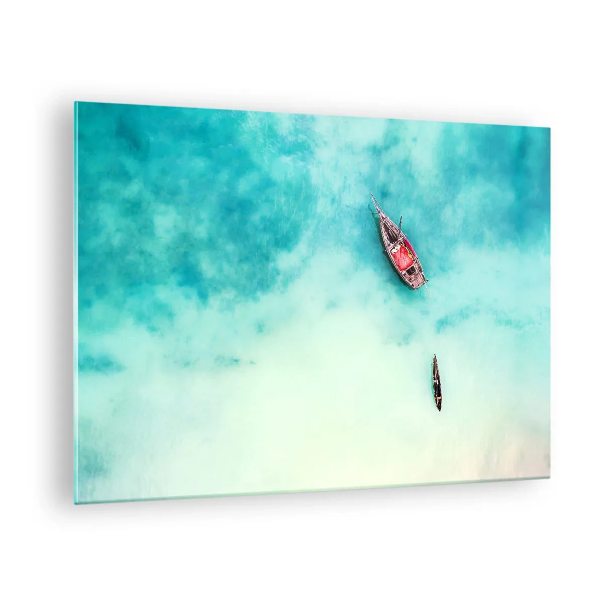 Glass picture - Boats on azure water in a peaceful setting - 70x50cm - On the Beaches of Zanzibar, When the Tide Is High - Modern wall decoration for the living room and bedroom ARTTOR