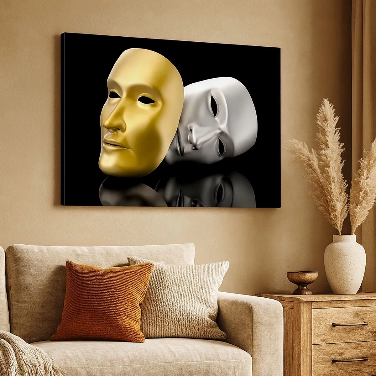 Canvas picture - Gold and silver mask on a black background - 70x50cm - Life Is a Theatre - Modern wall decoration for the living room and bedroom ARTTOR