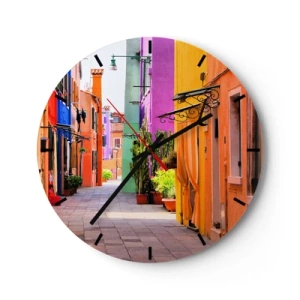 Wall clock - Clock on glass - A clock face with a motif of a colorful street full of rainbow-colored buildings - 30x30cm - Rainbow Alley - Modern wall decoration for the living room, kitchen, and bedroom ARTTOR