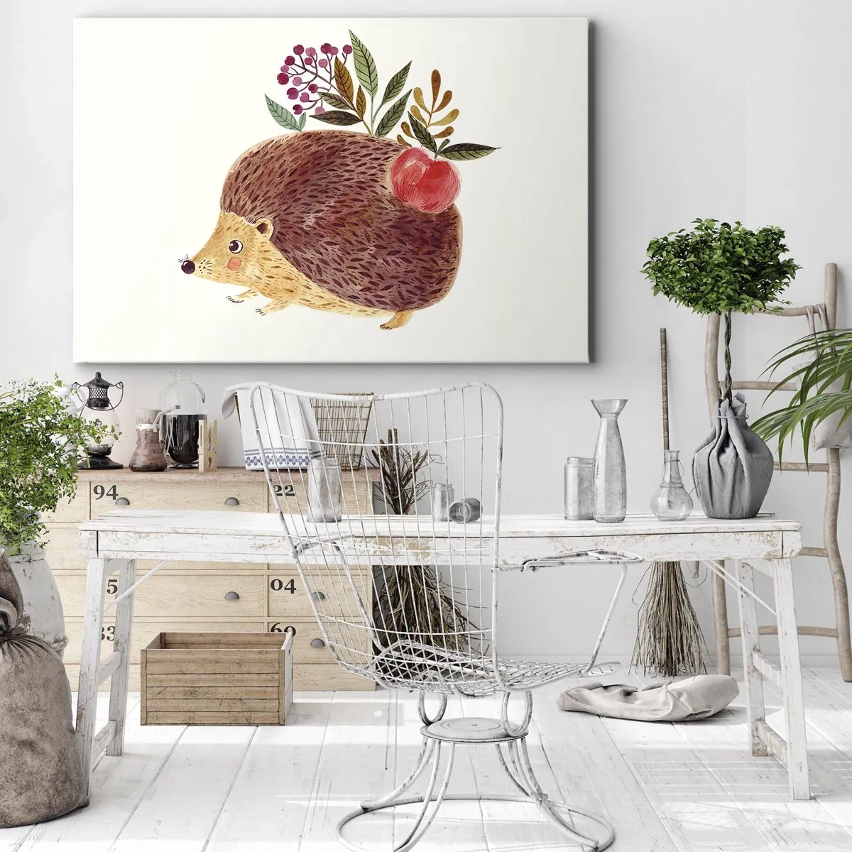 Canvas picture - A cute hedgehog with an apple and plants in an illustrative style - 70x50cm - And Now You Like Me! - Modern wall decoration for the living room and bedroom ARTTOR