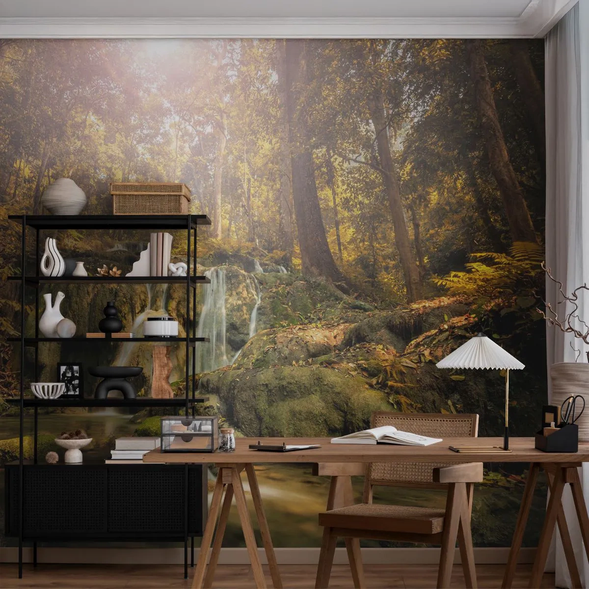 Self-Adhesive Photo Wallpaper Deluxe Sticker - Forest Cascade in Green - Landscape, Waterfall, Forest - 450x315 cm