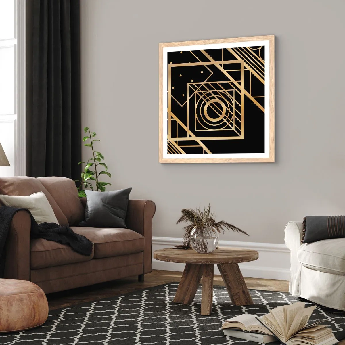 Poster in light oak frame - Golden Geometry - 60x60 cm