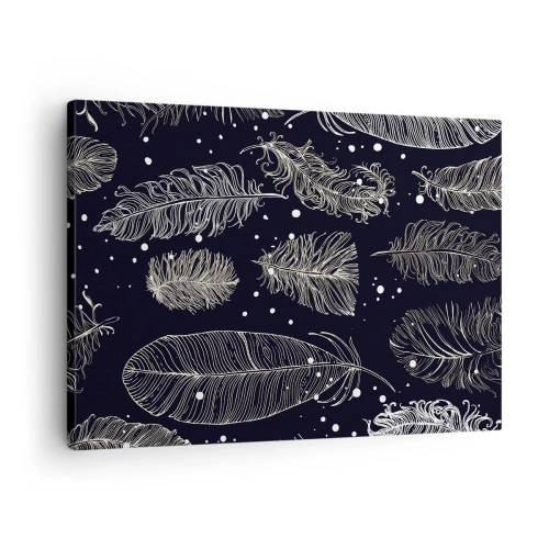 Canvas picture - Delicate white feathers on a navy blue background - 70x50cm - Feathery Lace - Modern wall decoration for the living room and bedroom ARTTOR