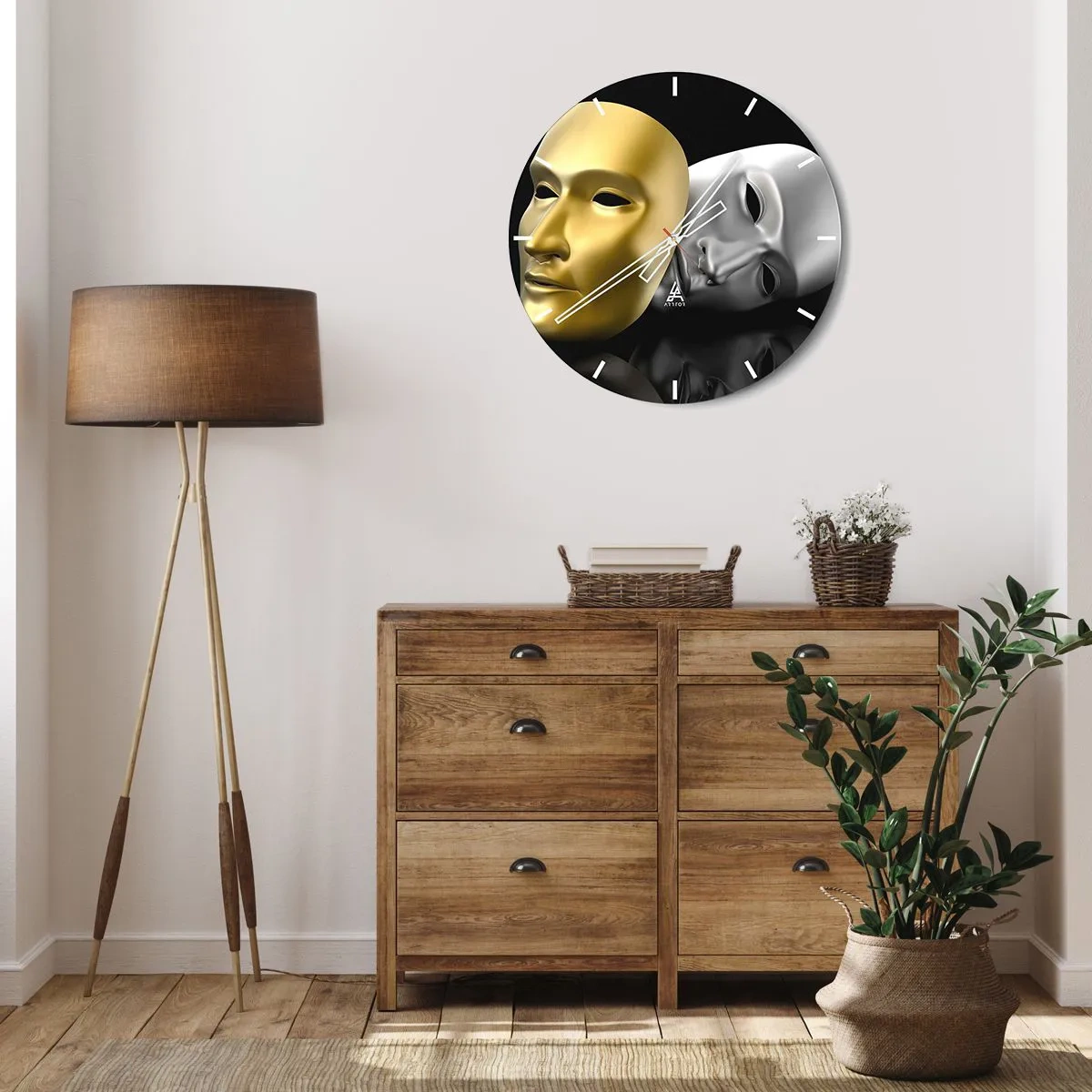 Wall clock - Clock on glass - Gold and silver theater mask on a black background - 30x30cm - Life Is a Theatre - Modern wall decoration for the living room, kitchen, and bedroom ARTTOR
