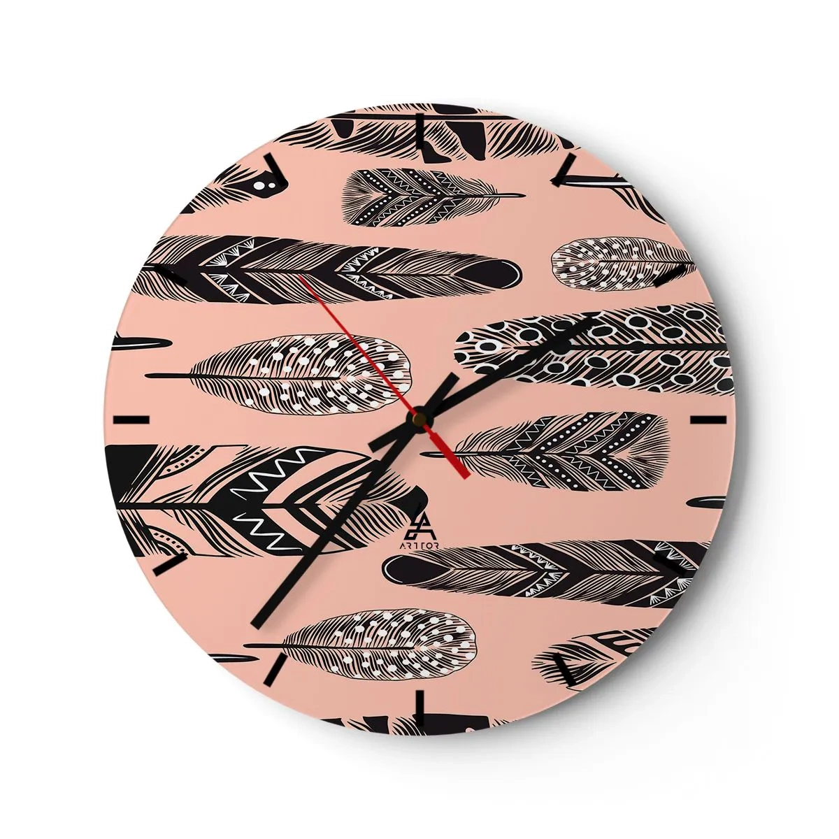 Wall clock - Clock on glass - Decorative motif of black feathers on a pink background - 30x30cm - Indian Collection - Modern wall decoration for the living room, kitchen, and bedroom ARTTOR