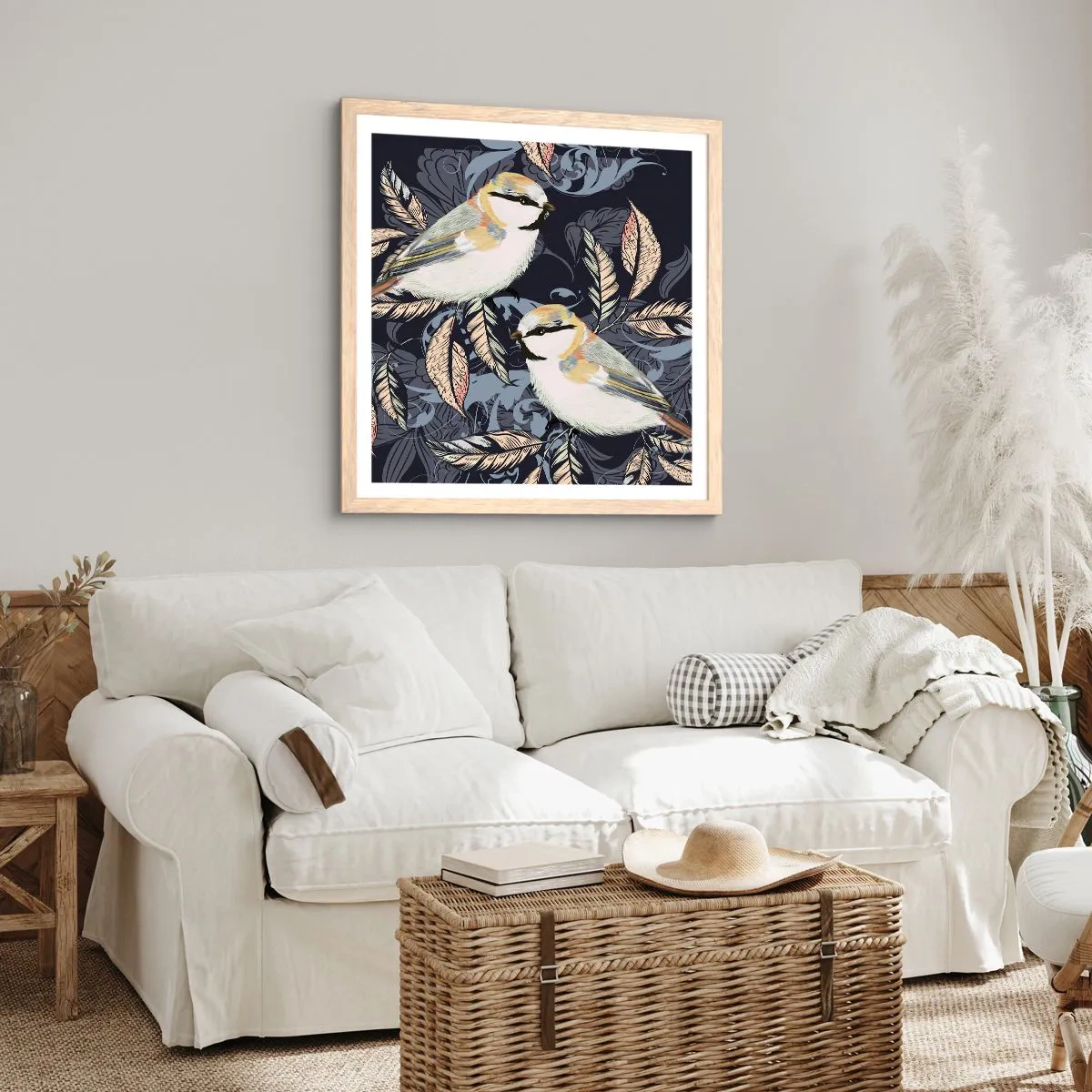 Poster in light oak frame - Blue and Yellow Chirp - 60x60 cm