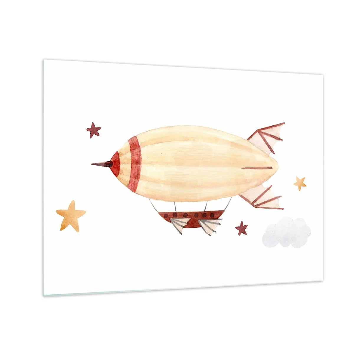 Glass picture - A cartoon airship among the stars on a white background - 70x50cm - Airship - Modern wall decoration for the living room and bedroom ARTTOR